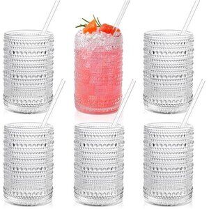 Drinking Glasses with Straws 15oz Vintage Glassware Set of 6